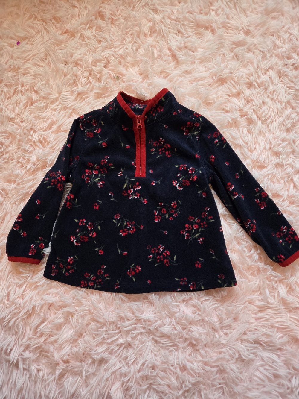 Girls' Navy Floral Long-Sleeve Pullover Top with Red Trim